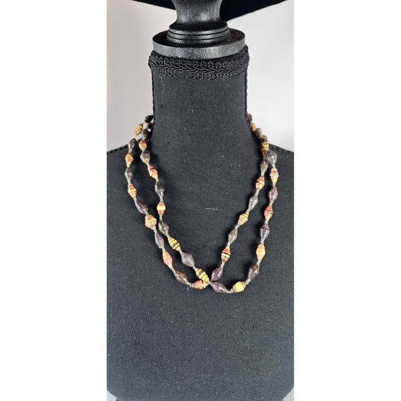 The Unbranded Brand Jewelry - Vintage Handmade Paper Bead Necklace & Bracelet Set Boho Hippie Orange Brown 42"